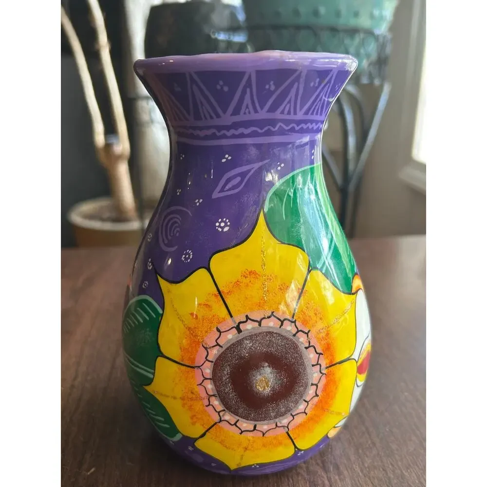 Mexican folk art pottery vase floral terra-cotta 7”